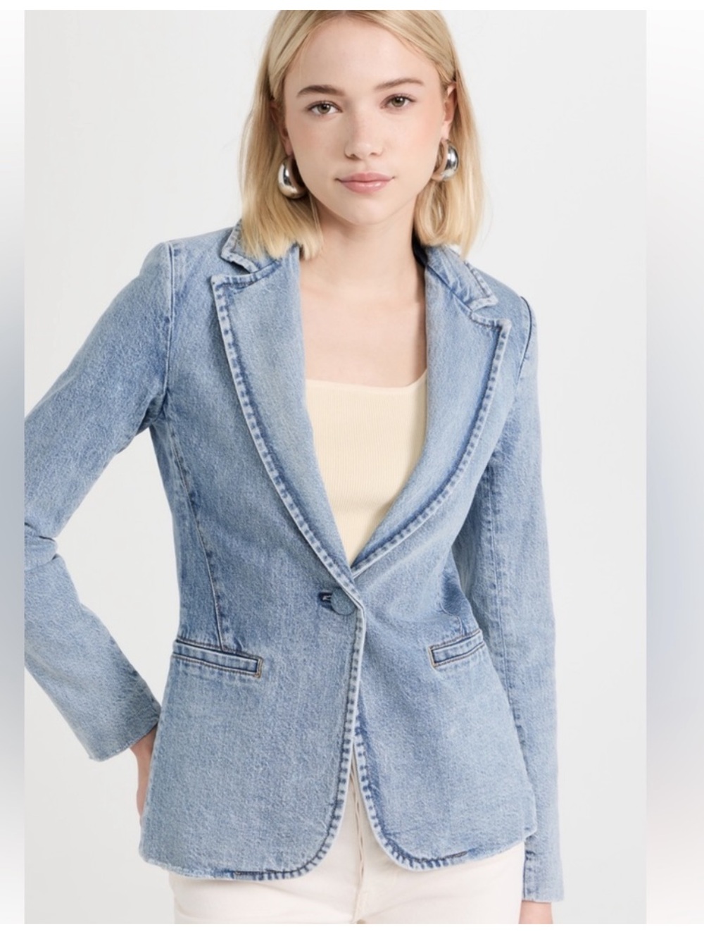 Alice + Olivia Macey Denim Fitted Blazer Bay Blue Notch Collar Cotton